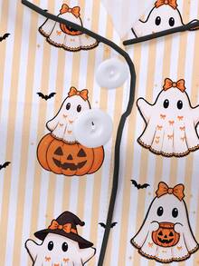 Cute Cartoon Ghost & Pumpkin Print Striped Home Shorts Young Girl Halloween Outfit, Summer Girls Open Front Pajama 2 Pieces Set - Orange - View 5