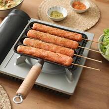 Cast Iron Sausage Grill Pan With Wooden Handle, 4‑Slot Non‑Coated Sausage Making Skillet, Multi‑Purpose Grill Pan For Hot Dog, Sausage, Bacon, Compatible For All Stovetops Kitchen Cookware - Black - View 3