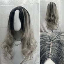 Black Root To Silver Gray Gradient Middle Part Large Wave Synthetic Wig, 26 Inch Long Water Wave Curly Hair For Women, Breathable Inner Net Adjustable Cap, Voluminous Natural Long Curly Hair Wig, Suitable For Daily Wear, Halloween Cosplay, Party, Holiday Dress-Up, Photo Shoot Styling - Ombre - View 7