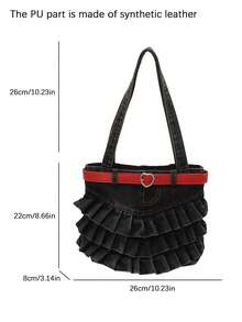 Nicekee Niche Design Multi-Layer Skirt Edge Pleated Shoulder Bag, Heart-Shaped Decorative Buckle, Casual Underarm Bag Suitable For Shopping Dating - Black - View 6