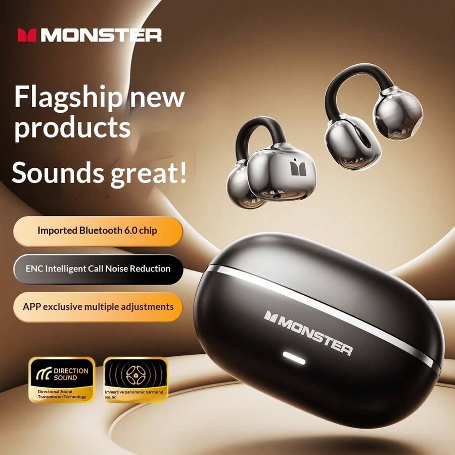 Monster MQT69 Ear-Clip Open-Ear Wireless Bluetooth Earbuds, Ringan dan Nyaman Dipakai, Kontrol Sentuh, Mode Gaming Latensi Rendah, Peredam Kebisingan Panggilan ENC untuk Kebugaran dan Penggunaan Sehari-hari