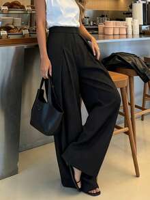 Women's Black Pleated Versatile High-Waist Wide-Leg Long Pants, Fall/Winter Going Out Business - Black - View 5