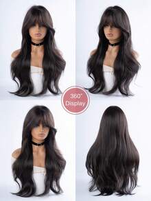 alicegarden 30-Inch Long Synthetic Wig Featuring A Natural Wavy Style In A A Stunning Black-Brown. Designed With Bangs , This False Hairpiece Is Perfect For Ms Daily Party Cosplay Use, Offering A Natural And Natural Durable Wig Gift For Ladies., Halloween - Black Brown - View 9
