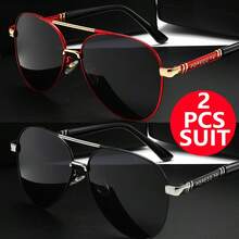 Modern Metal Frame Sunglasses, 2-Piece Set: Red & Black And All Black. Durable Metal Texture, Neutral Everyday Versatility. Casual Fashion Gift. - Grey - View 12
