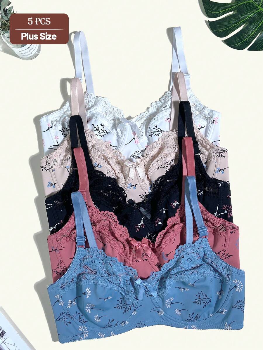 5pcs Set Artistic Floral Print Underwire Bra, Large Bust Minimizing, Side-Boob Smoothing, Push-Up, Plus Size Women's Lingerie With Patchwork Hollow Lace Trim - Multicolor - View 1