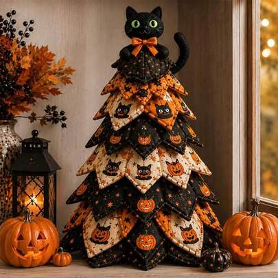 DIY Halloween Quilted Wooden Tree Set, Black Cat 3D Wooden Craft | Quilted Craft Project, Handmade Halloween Tabletop Decor, Suitable For Mantel, Home Decor, Holiday Gift, Halloween Decoration, Christmas Decoration, Outdoor Garden Decor, Room Decor, Teacher Gift, Wedding Decor, Holiday Supplies, Garden, DIY, Bedroom Decor, Kitchen Decor, Dorm Essentials, Storage Room, Travel Essentials, Bachelor Party Supplies, Office Desk Accessories, Autumn Home Decor, Home Goods, Family Essentials, Women's Gift, Men's Gift