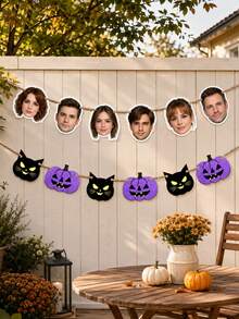 Custom Halloween Photo Banner, Spooky Personalized Face Garland For Party Backdrop & Wall Decor, Pumpkin Cat Bunting, Customized Picture Holiday Party Sign, Customizable Halloween Room Decor Gift, Garden, Living Room Decoration, Gifts For Friends - Style a - View 5