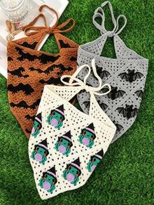 1pc Handmade Crochet Halloween Theme Headscarf, Fun Ghost & Eye Pattern, Tie-Up Triangle Hair Bandana, Party/Daily Versatile Hair Accessory - A - View 11