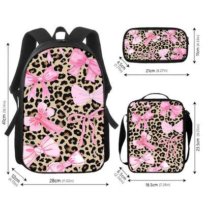Set da 3 pezzi: zaino con stampa leopardata e fiocchi rosa, borsa a tracolla per il pranzo e pochette; carino ed elegante, pratico per gli spostamenti