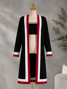 Cardigan Dama Largo Abierto Elegante Casual Oficina Uso Diario Moderna Primavera Verano Ligero Manga Larga  Fashion Versátil - Negro - Ver 1