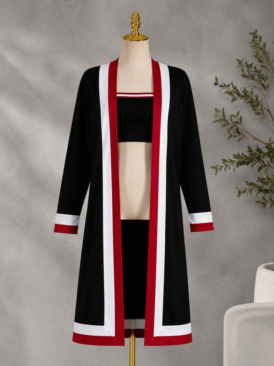 Cardigan Dama Largo Abierto Elegante Casual Oficina Uso Diario Moderna Primavera Verano Ligero Manga Larga Fashion Versátil - Negro - Ver 1
