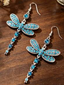2pcs Vintage Butterfly Long Earrings, Insect Dragonfly Earrings, Unique Animal Dragonfly Pendant Earrings For Women - Blue - View 2