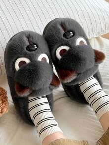 Winter Plus Size Men's Closed-Back Indoor Plush Slippers, Cute 3D Cartoon Angry Puppy Thick Sole Fuzzy Couple Slippers - Grey - View 8