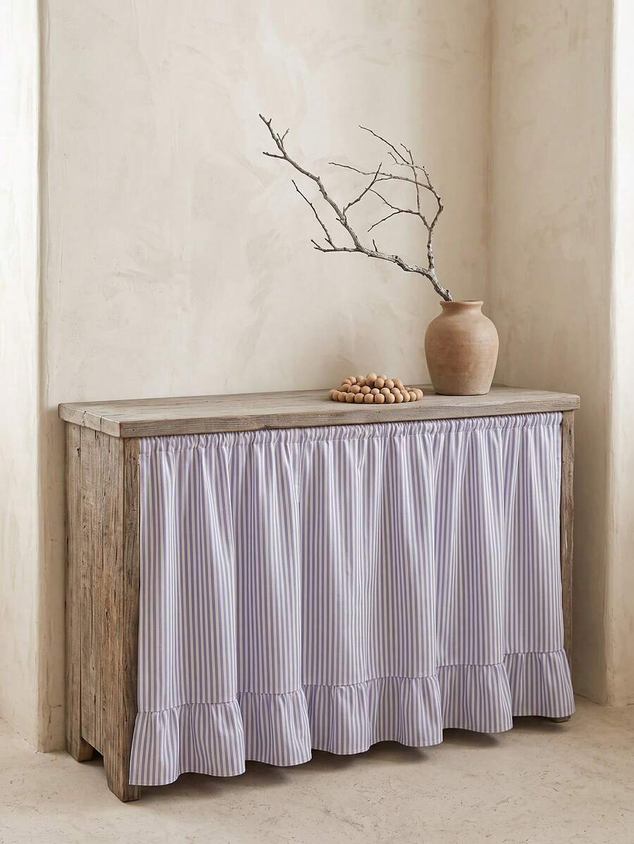 1pc Olive Green & White Fine Striped Table Skirt, Natural Fresh Style Fabric Material, Rectangular Bottom With Ruffle Hem And Pleated Details, Storage Concealment And Decorative Beautification Function, Suitable For Storage Rack Cover And Pastoral Home Decor Scenes - Blue - View 1