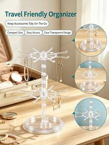 16-Hook Rotating Storage Rack, Adjustable Bottom Spacing, Can Be Used As Key Rack/Display Stand, For Storing Keys, Glasses, Or As A Desktop Jewelry Stand With Tray For Necklaces - Multicolor - View 3