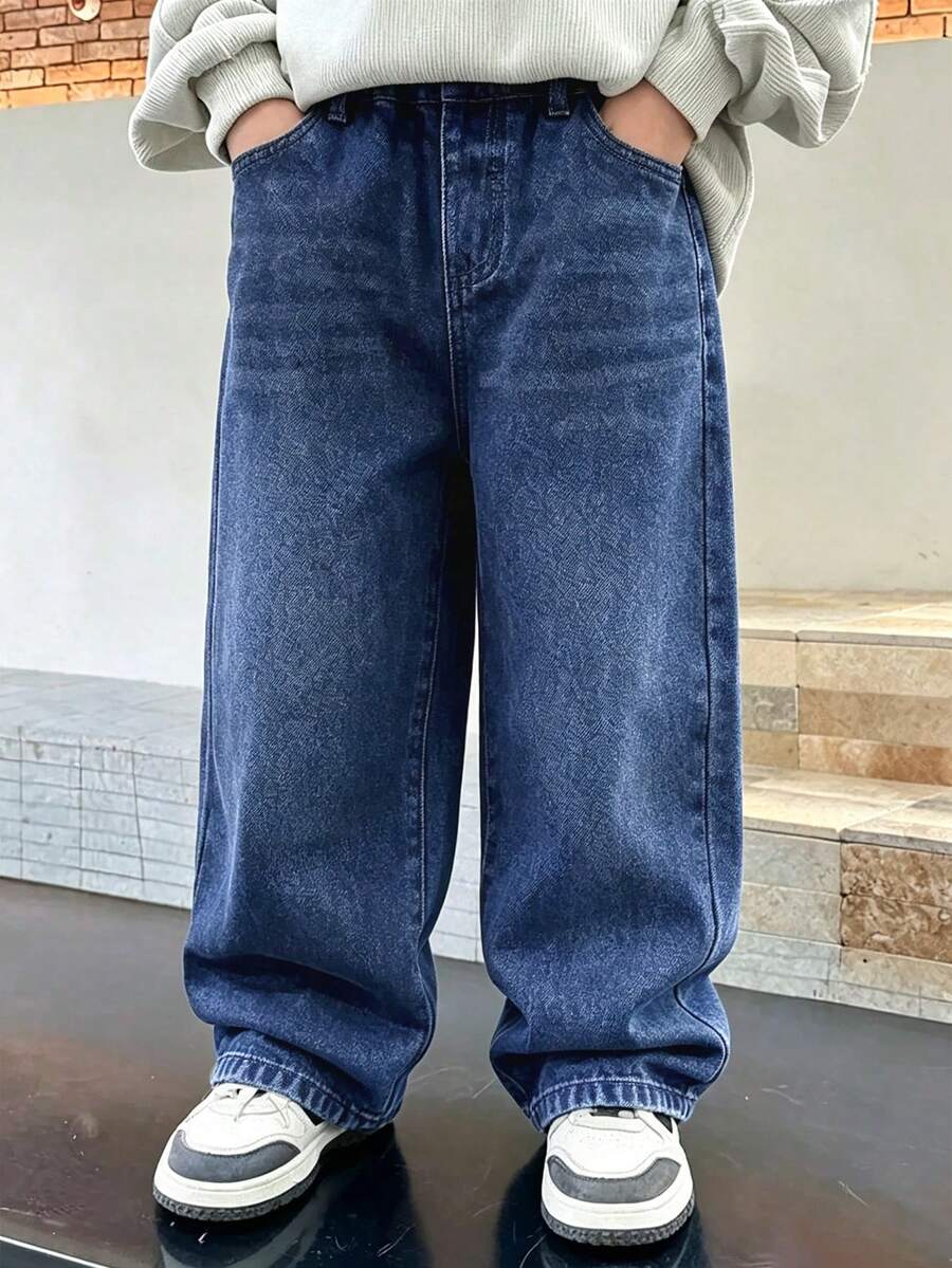 Boys' Fashion Sand-Washed Casual Wide Leg Loose Blue Denim Jeans, Suitable For Back To School And Streetwear - Blue - View 1