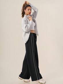 TimeOff Women's 1pc Colorblock Side Vertical Stripe Side Pocket Elastic Waist Wide Leg Pants - Black - View 7