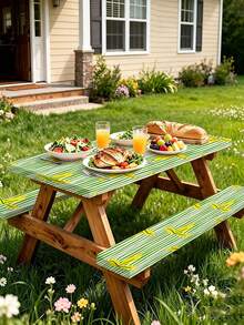 3 PiecesPicnic Tablecloth Set With Bench Cover, Elastic Edge Design, Line & Floral Pattern, Fresh Style, Washable Rectangular Tablecloth, Suitable For Weddings, Camping, Picnics, Garden Parties And More, Practical Essential - A - View 5