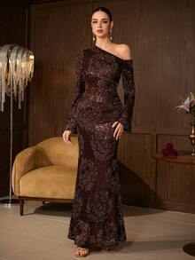 Elegant Burgundy Mermaid Long Sleeve Asymmetrical Sequin Dress, Women's Charming Formal Evening Gown With Ruched Details - Coffee Brown - View 6