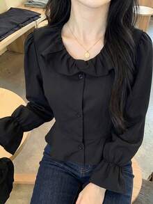 Autumn Elegant Solid Color Ruffle Trim Blouse Black - Black - View 5