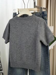 Women's Casual Elegant Cute Solid Color Short Sleeves Slits Crewneck Cardigan Pullover Sweater Gold Button Going Out - Grey - View 3