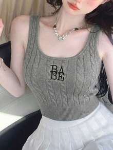 2026春夏女式黑色罗纹吊带背心 - 休闲甜美“BABE”刺绣宽肩带修身无袖上衣，适合日常、约会、聚会等场合。 - 花灰色 - 查看 2