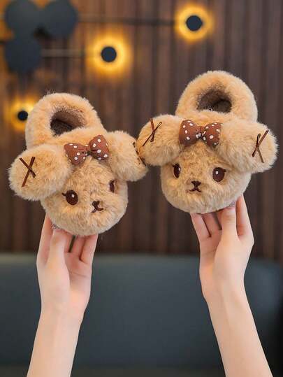 1 Pair Kids Fuzzy Slippers With PVC Sole, Non-Slip & Warm, Indoor/Outdoor Wear, Cartoon Bunny Design, Winter New Cute Full-Back Home Shoes For Boys & Girls
