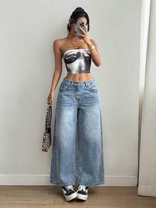 Women's Plus Size Bermuda Shorts, Light Blue Washed High Waist Wide Leg Denim Pants, Elastic Back Waist Single Button Loose Casual Summer Denim Pants - Light Wash - View 6