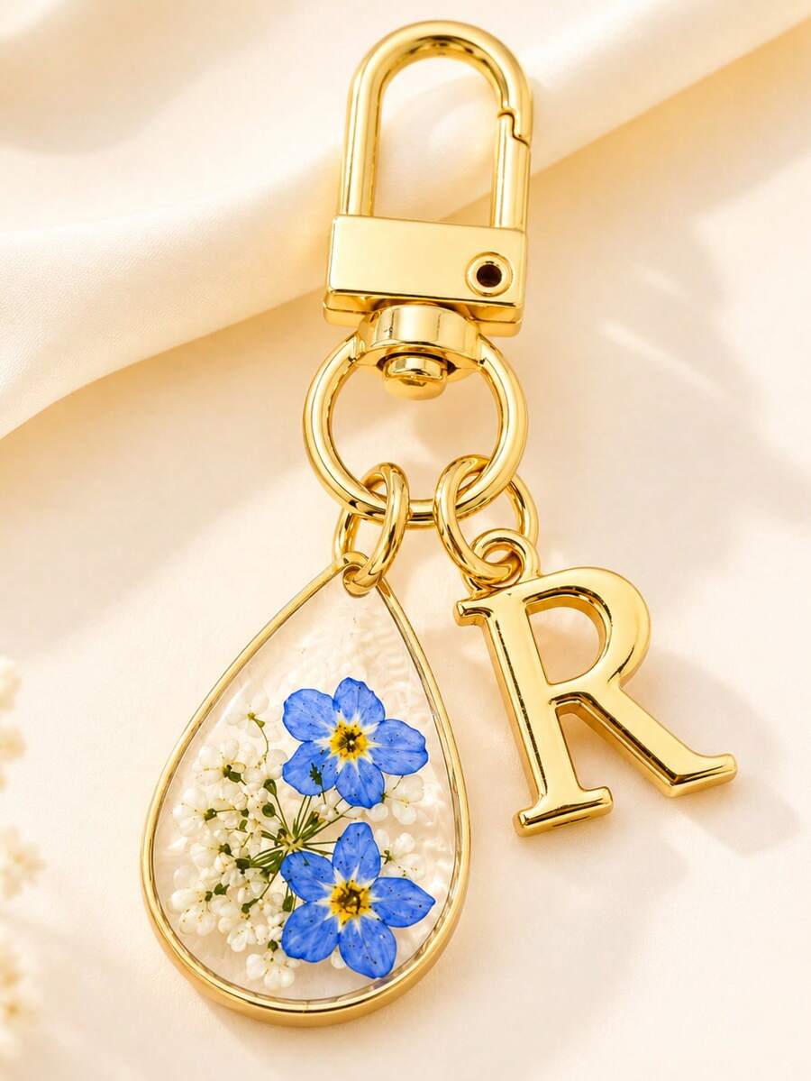 水滴永恆勿忘我乾燥花字母鑰匙圈，個性化復古樹脂包飾吊飾，波希米亞風女款鑰匙鏈車鑰匙配件