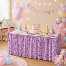 Pink Purple Cherry Daisy Floral Table Skirt, Red Cherry Floral Print Elastic Table Skirt With Pleats, Polyester Decorative Table Edge Skirt, Suitable For Decorating Dessert Cake Tables In Birthday Party Buffet - Multicolor - View 7