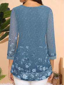 CheersLife Women's 3/4 Sleeve Cinched Waist Top, Casual Loose Fit, Printed Shirt, Tulip Hem Design With Mesh Overlay - Mint Blue - View 4