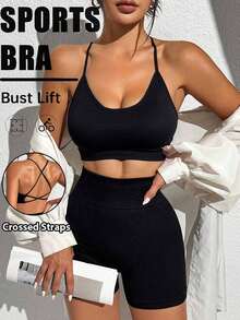 Sujetador deportivo de mujer de color liso sin costuras con espalda cruzada, sujetador de yoga cómodo y transpirable con almohadillas extraíbles - Negro - Ver 5