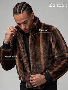Zenbolt Men Soft Plush Long Sleeve Outer Jacket, Elastic Ribbed Trim Zip Up Stand Collar Coat,Textured Stripe Daily Fashion Overcoat - Brown - View 1