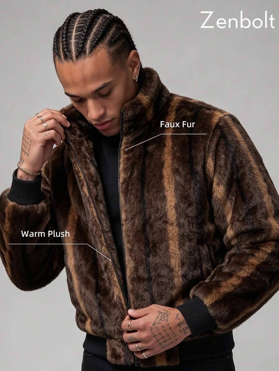 Zenbolt Men Soft Plush Long Sleeve Outer Jacket, Elastic Ribbed Trim Zip Up Stand Collar Coat,Textured Stripe Daily Fashion Overcoat - Brown - View 1