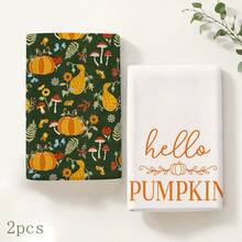 2pcs "Hello Pumpkin" Autumn Kitchen Towels, White & Floral Print Rustic Farmhouse Style Rectangular Decorative Hand Towels, Suitable For Autumn, Harvest Festival, Thanksgiving, Kitchen Decor 4/6/8pcs Set - Multicolor - View 11