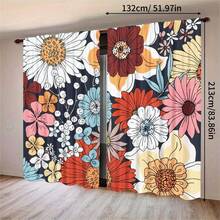 2pcs Vintage Painted Daisy Semi-Sheer Curtains, Bohemian Style Colorful Floral Decorative Fabric Curtains, Suitable For Couple Bedroom, Living Room, Dining Room Window Decor, Room Divider - Multicolor - View 13
