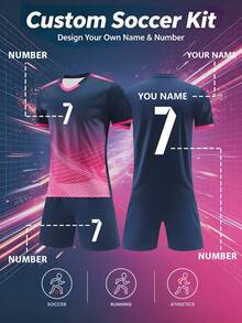2pcs Boys Soccer Uniform Set, All-Over Print Hollow Design, Customizable Name & Number/Club Hot-Selling Jersey, Sports Player Style Short Sleeve & Shorts Set, Suitable For Boys & Girls, For Sports, Cycling, Outdoor Running, Soccer, Star-Style Team Uniform, Sublimation Print Team Wear - Navy Blue - View 3