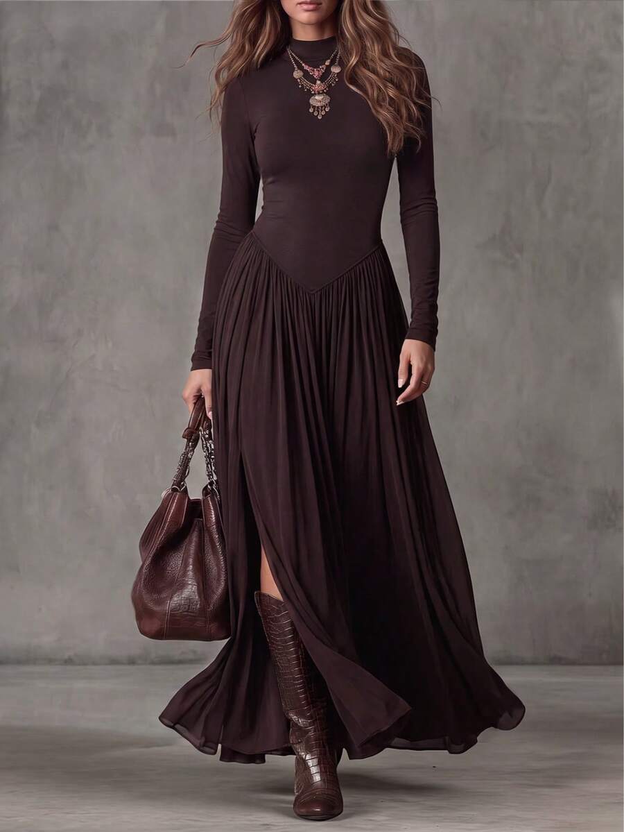 Women's Solid Color Knit Long Sleeve Patchwork Chiffon A-Line Sexy Elegant Vacation Autumn/Winter Dress - Brown - View 1