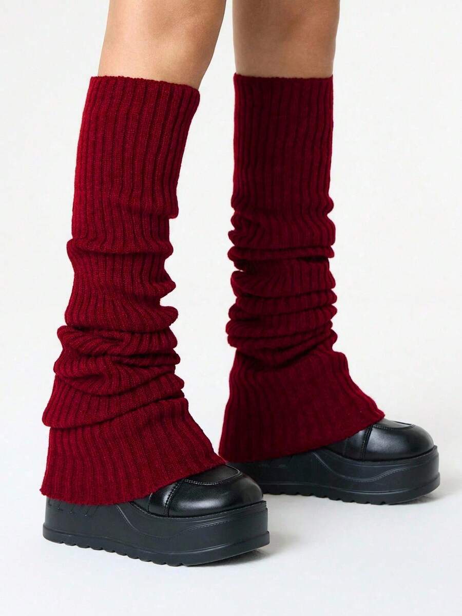 Grunge Punk 1Pair Of Dark Gothic Burgundy Vertical Long Knitted Leg Covers - Multicolor - View 1