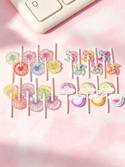 5/10/20/30pcs New Spring Sweet Style Lollipop Rainbow Daisy Shell DIY Cream Glue Keychain Pendant Accessories, Simulated Lollipop Jewelry Pendant Accessories