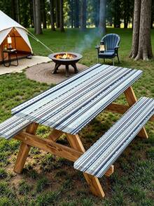 3 Pieces Picnic Tablecloth Set With Bench Cover, Elastic Edge Design, Striped Pattern, Washable Rectangular Tablecloth, Suitable For Weddings, Camping, Picnics, Garden Parties And More, Practical Essential - C - View 1