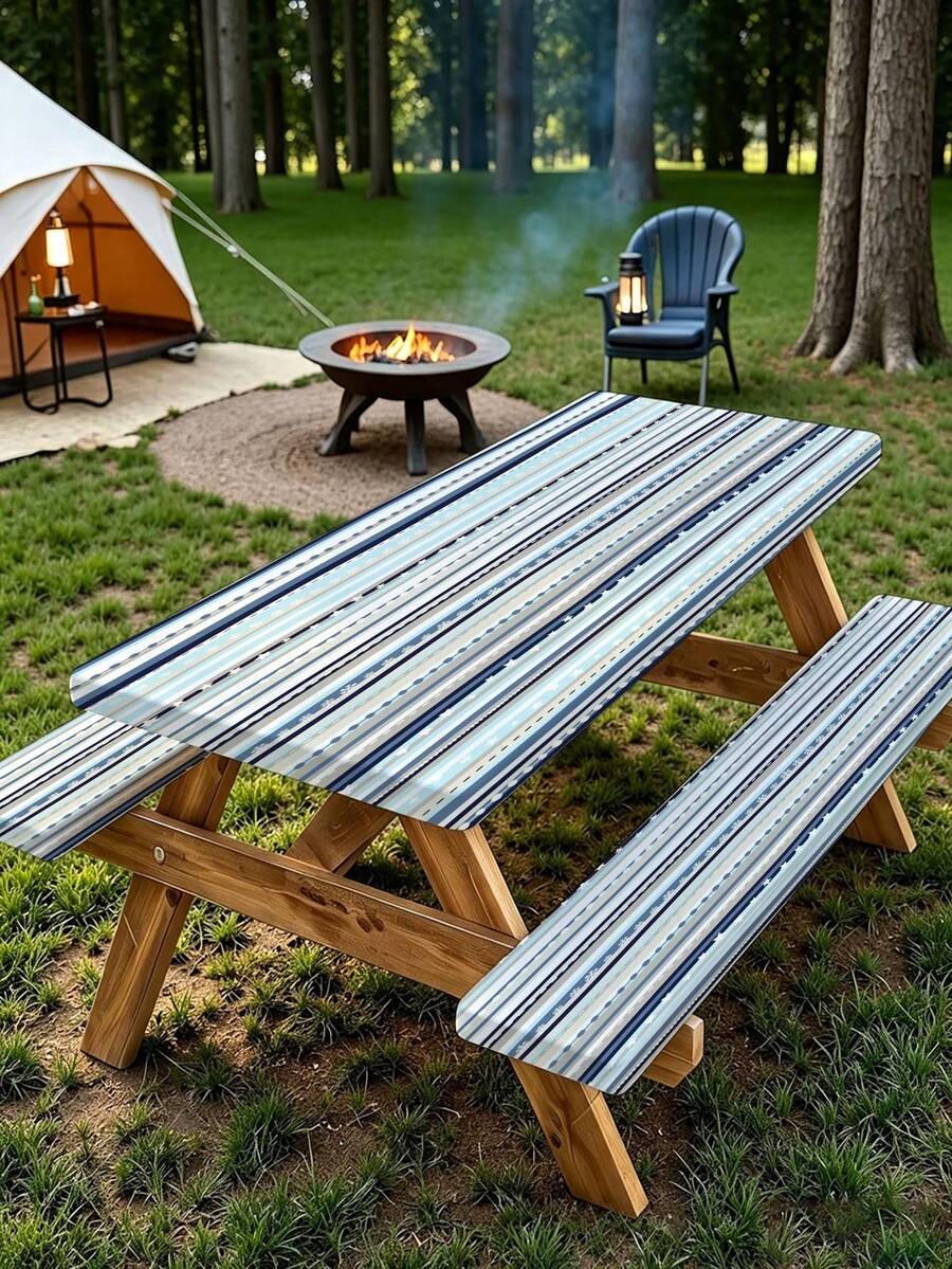 3 Pieces Picnic Tablecloth Set With Bench Cover, Elastic Edge Design, Striped Pattern, Washable Rectangular Tablecloth, Suitable For Weddings, Camping, Picnics, Garden Parties And More, Practical Essential - C - View 1