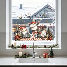1pc Christmas Dwarf Window Static Stickers. Xmas Gnome Gift Box Candy Cane Merry Christmas Script, Transparent Double View Films For New Year Window Refrigerator Kitchen Tile Holiday Home Decor. - Multicolor - View 8