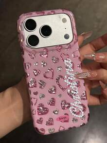 Personalized Engraved Rhinestone Name Stylish Full Screen Sequins Pink Hearts Solid Color Phone Case Compatible With IPhone 17 Pro Max 17 Pro 17 16 Pro Max 16 Pro 16 15 Pro Max 15 Pro 15 14 Pro Max 14 Pro 14 13 Lovely Sweet Shockproof Protective Cover - Pink - View 6