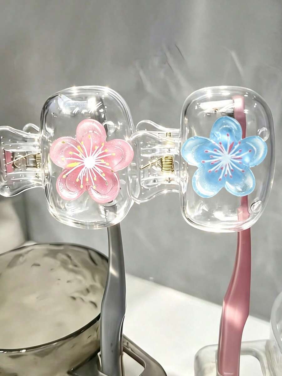 細閃桃色圖案便攜式牙刷蓋與牙刷架套組，透明旅行牙刷收納盒，創意陶瓷牙刷底座，牙刷頭保護夾，牙刷收納夾，牙刷防塵保護蓋，牙刷架，盥洗用品配件，浴室配件，適合作為情侶、朋友、家人、老師、旅行愛好者的禮物，居家、宿舍、度假必備，適用於生日、開學、婚禮、教師節等場合