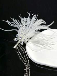 2pcs Women's Ethereal White Feather Rhinestone Long Tassel Side Hair Clips, Bridal Wedding Atmosphere Hair Accessories - Multicolor - View 2