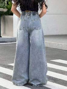 Tween Girl Spring Casual Versatile Daily Wear Wide Leg Denim Jeans With Pockets And Buttons - Blue - View 2