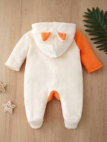 Baby Boys Autumn/Winter Fox Hooded Footed Romper, Flannel Contrast Color Cartoon Embroidery Baby Crawler - Orange - View 3