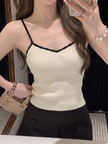 Autumn/Winter New Korean Style Sweet Casual Knit Sweater Set For Women, Preppy Contrast Color Long Sleeve Cardigan + Camisole 2-Piece Set, Versatile For Daily Commute - Apricot - View 7
