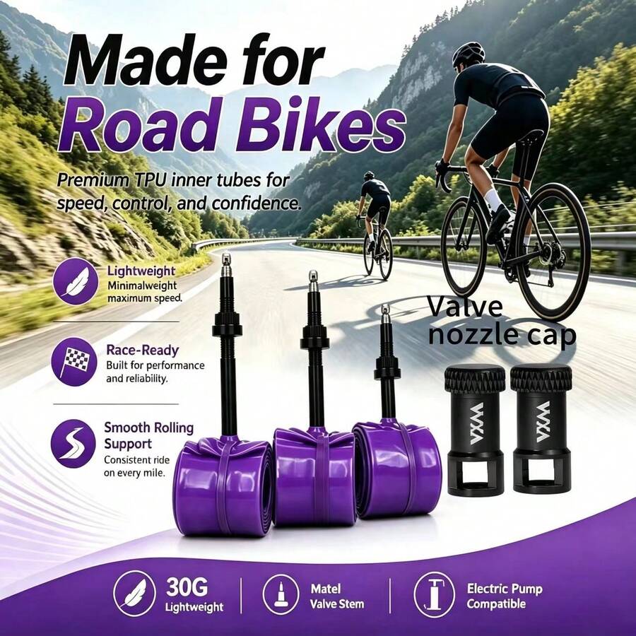 MOTSUV Set Purple TPU Bicycle Inner Tube 30g Ultra-Light Road Bike Tire Inner Tube + Valve Cap - Purple - View 1